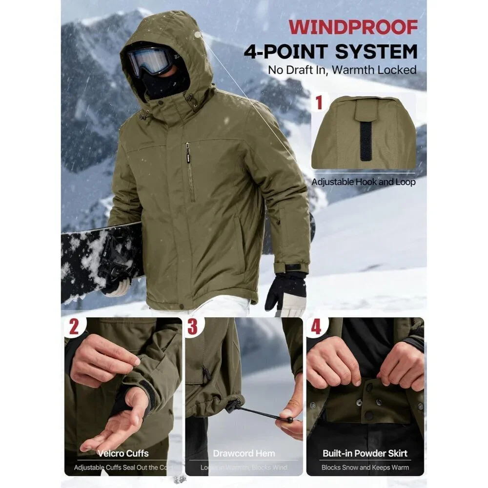 Men's Army Green Waterproof Ski Snow Jacket Fleece Lined Warm Winter Rain Jacket